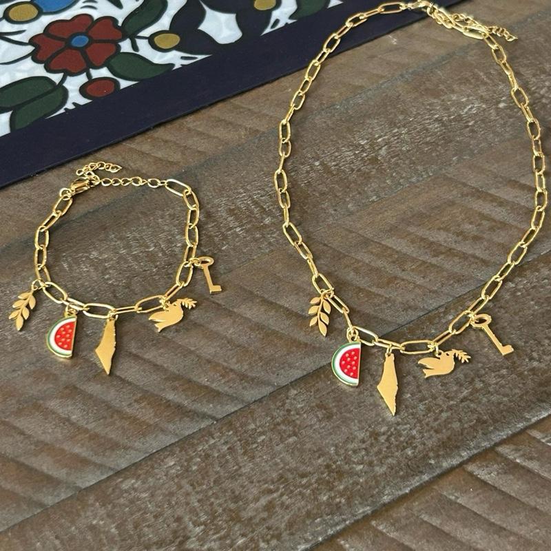 Palestinian Jewelry Set - Necklace & Bracelet with Map, Watermelon, Dove, Olive Branch & Key Charms