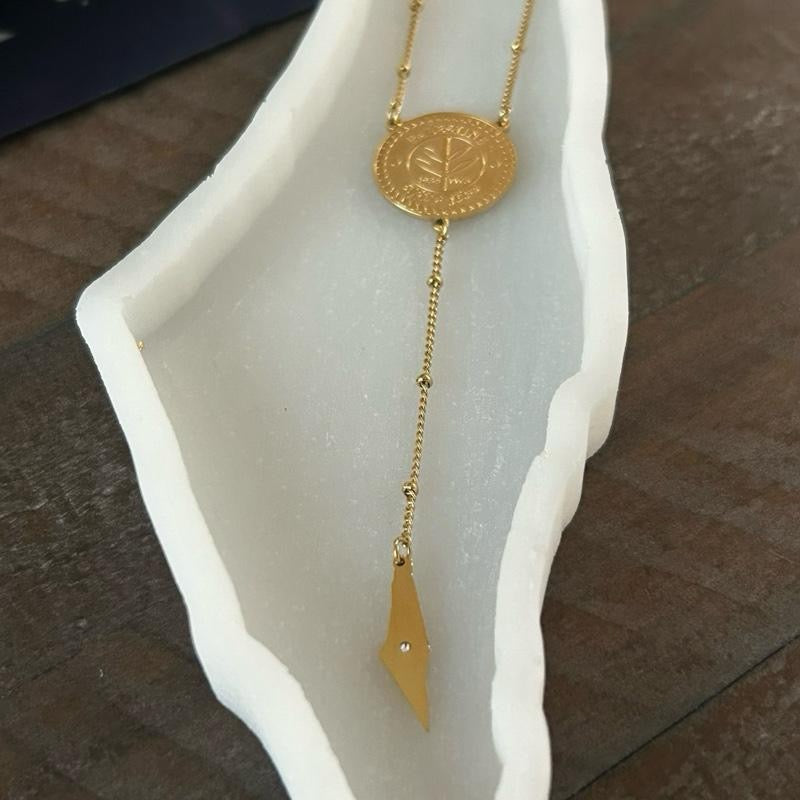 Gold Plated Palestine Coin Y Necklace with Map Charm – Palestinian Necklace, Heritage Jewelry, Cultural Gift