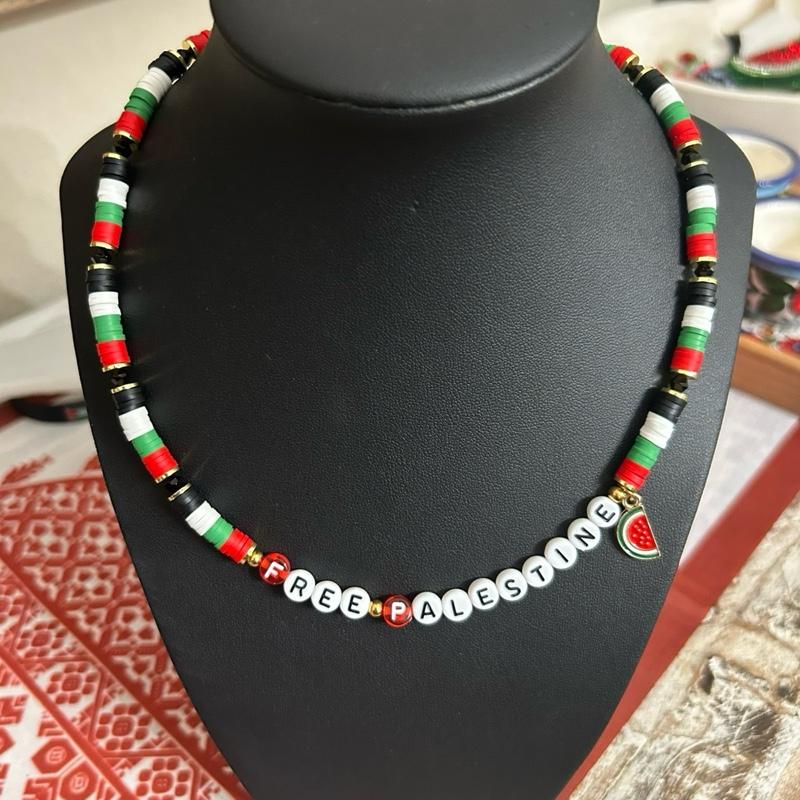 FREE PALESTINE Beaded Set Necklace & Bracelet with Flag Colors & Watermelon Charm
