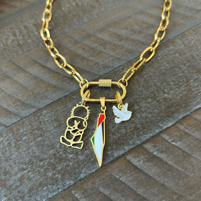Lock Chain Necklace 5 Choices 5 Stories Palestine Map Dove Watermelon Hamsa Eye Olive Branch Handala Chunky Chain Clasp