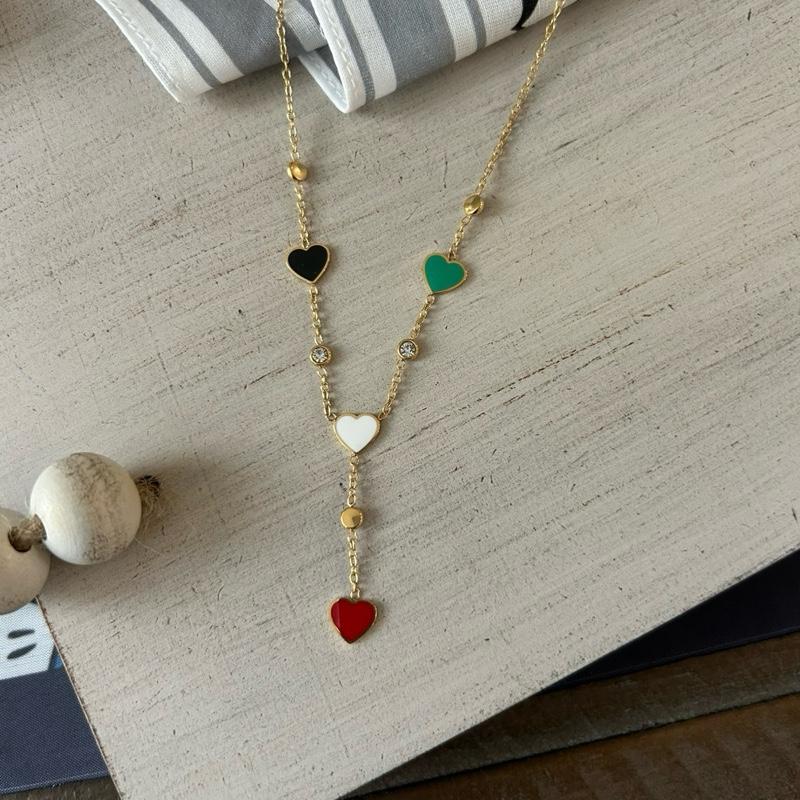 Palestine Flag Hearts Y Necklace – Red/Green/Black/White Enamel, Crystal Accents, Adjustable