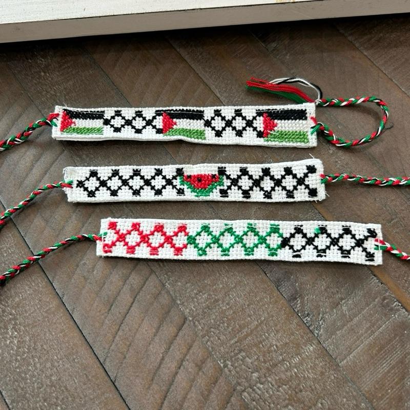 Authentic Handmade Palestinian Embroidery Handwoven Tatreez Bracelets Keffiyeh Flag Watermelon Design with Colorful Tassels Adjustable Lightweight