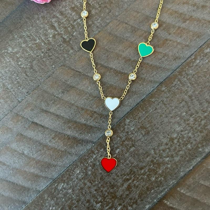 Palestine Flag Hearts Y Necklace – Red/Green/Black/White Enamel, Crystal Accents, Adjustable
