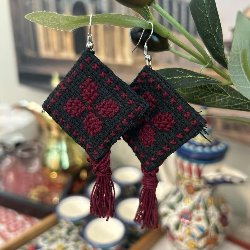 Handmade Palestinian Tatreez Earrings – Made in Palestine Maroon Floral Embroidery