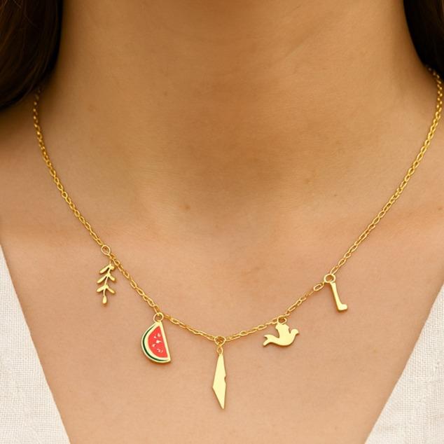 5 Charms of Palestine Necklace – Olive, Watermelon, Palestine Map, Dove and Return Key