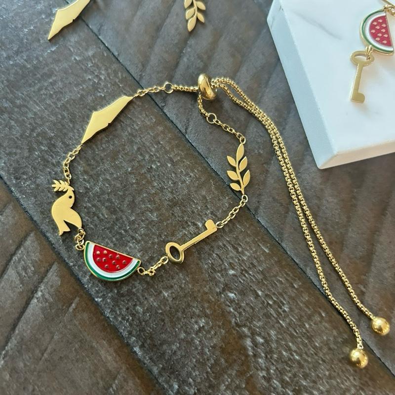 Palestine 5 Charms Necklace Earrings & Bracelet Set Watermelon Dove Olive Branch Key of Return Symbols Jewelry for Cultural Events & Daily Wear