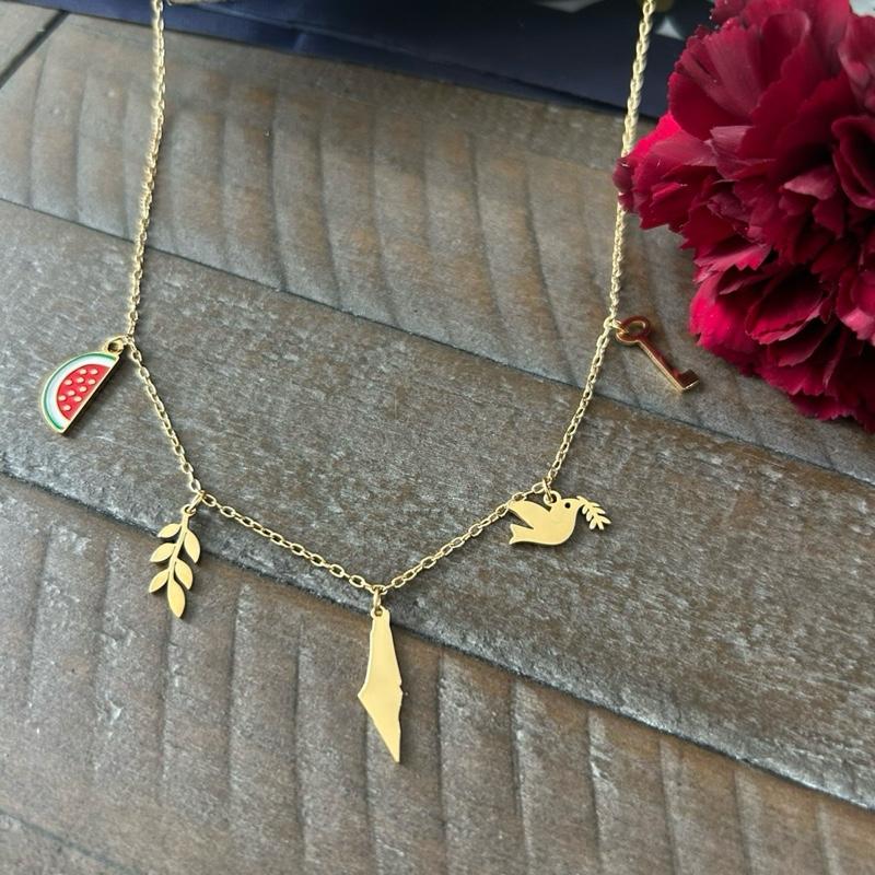 5 Charms of Palestine Necklace – Olive, Watermelon, Palestine Map, Dove and Return Key