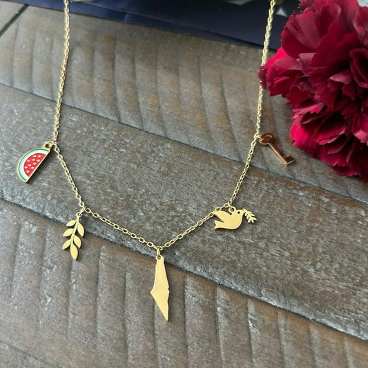 5 Charms of Palestine Necklace – Olive, Watermelon, Palestine Map, Dove and Return Key