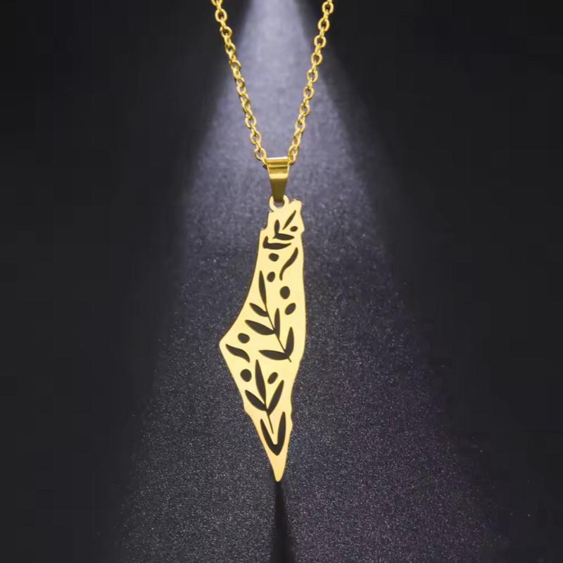 Palestine Map Necklace with Olive Branch Cutout