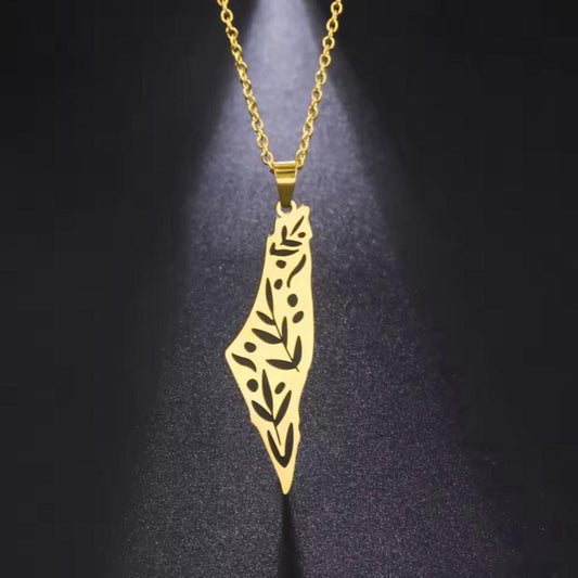 Palestine Map Necklace with Olive Branch Cutout