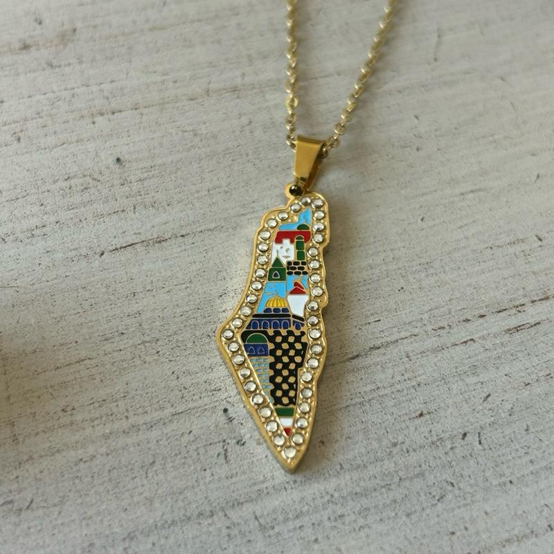 Palestine Cities Necklace Adjustable Cultural Landmark Pendant with Colorful Map