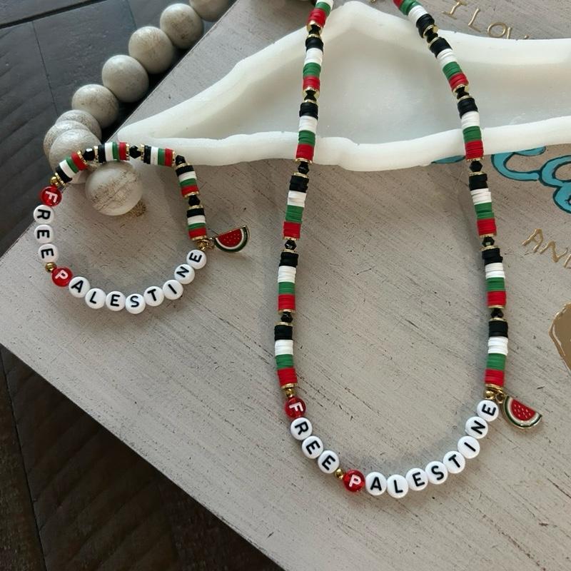 FREE PALESTINE Beaded Set Necklace & Bracelet with Flag Colors & Watermelon Charm