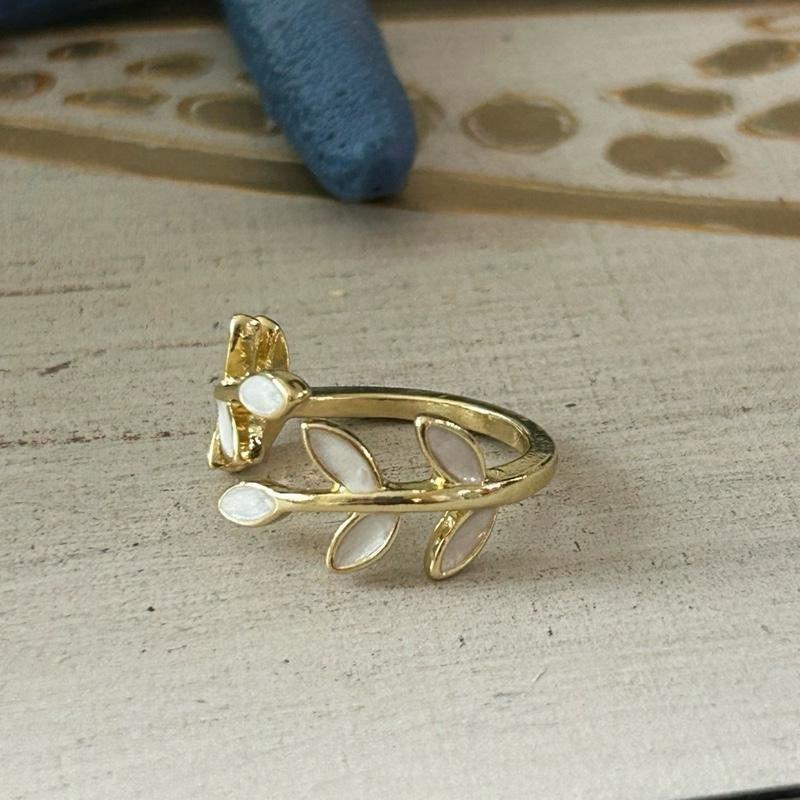 Olive Branch Ring Adjustable Symbol of Peace & Resilience with White Enamel Leaves