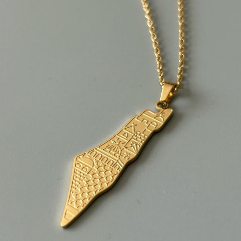 Palestine Map Necklace with Etched Palestinian Cities Design