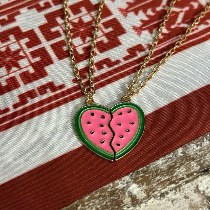 Matching Watermelon Heart Friendship Necklace Set. Split BFF Heart Jewelry