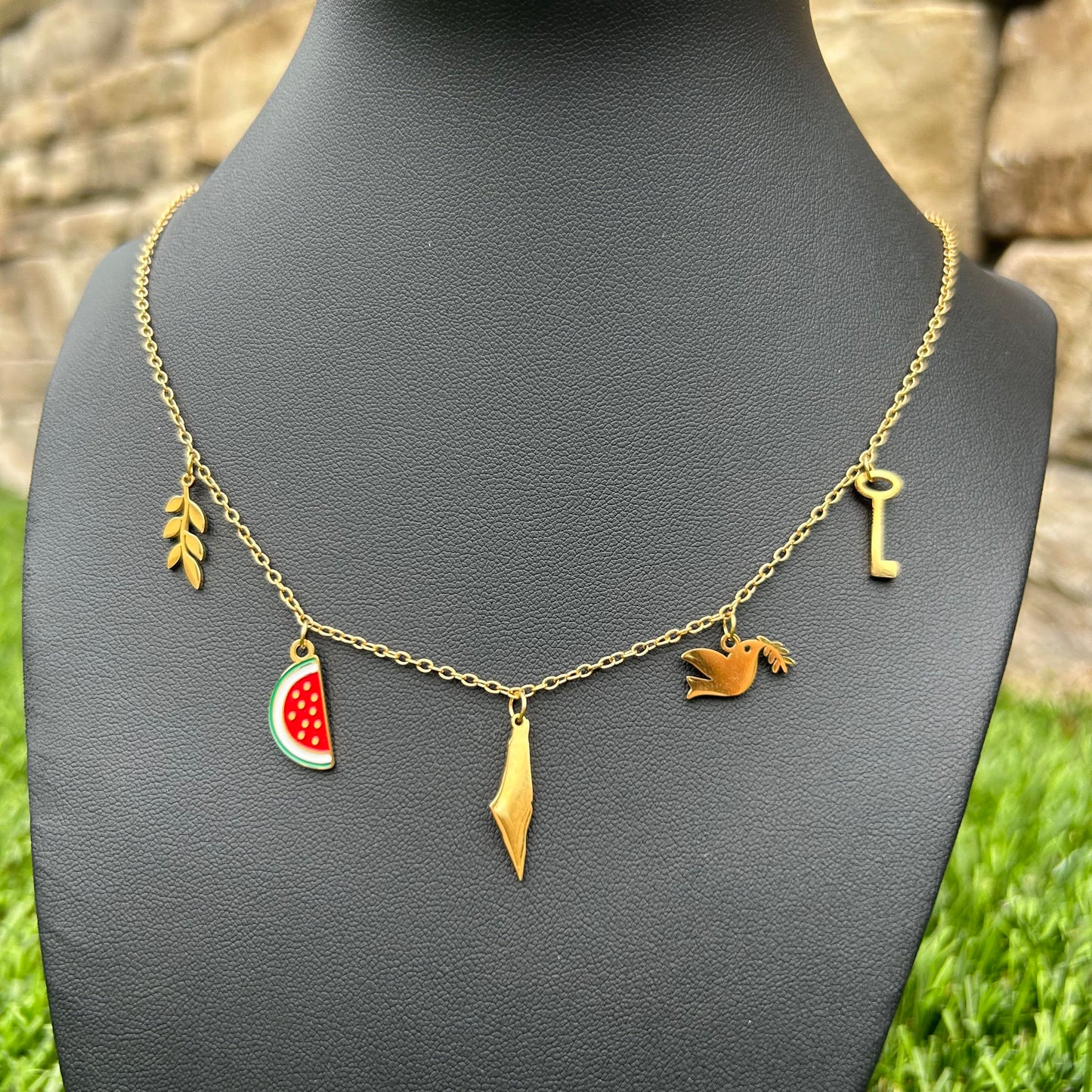 5 Charms of Palestine Necklace – Olive, Watermelon, Palestine Map, Dove and Return Key
