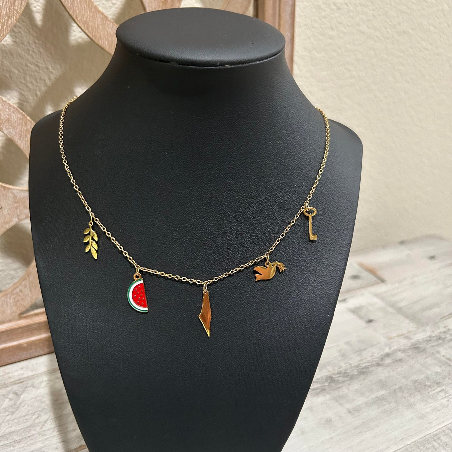 5 Charms of Palestine Necklace – Olive, Watermelon, Palestine Map, Dove and Return Key