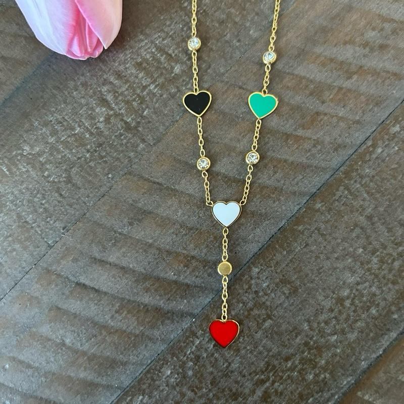 Palestine Flag Hearts Y Necklace – Red/Green/Black/White Enamel, Crystal Accents, Adjustable