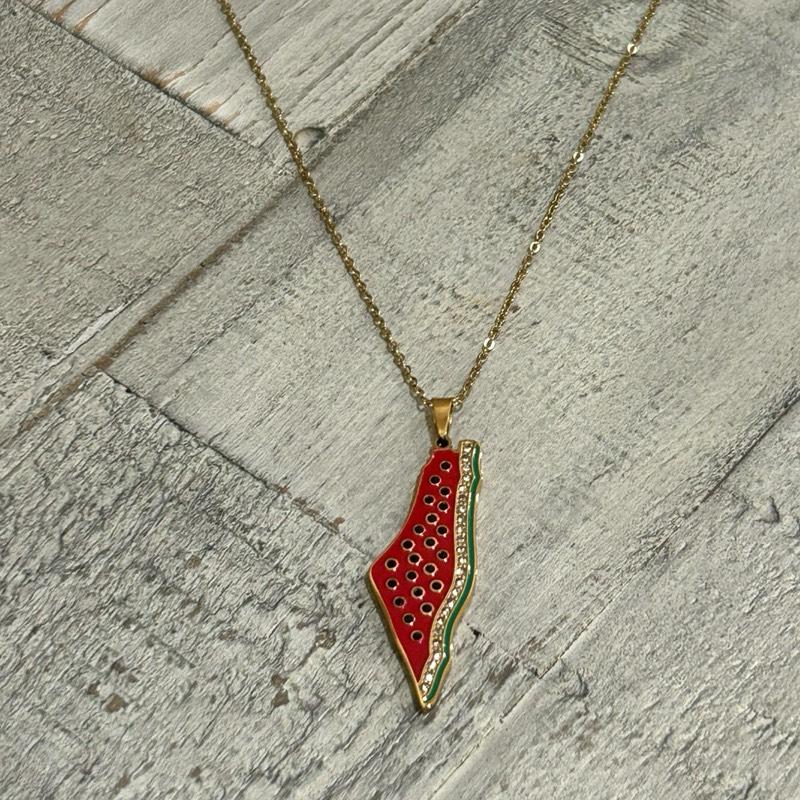 Gold Plated Palestine Map Necklace Watermelon Adjustable