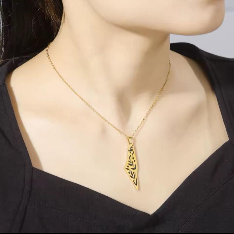 Palestine Map Necklace with Olive Branch Cutout