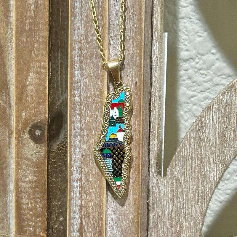 Palestine Cities Necklace Adjustable Cultural Landmark Pendant with Colorful Map