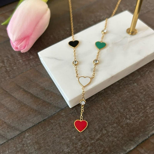 Palestine Flag Hearts Y Necklace – Red/Green/Black/White Enamel, Crystal Accents, Adjustable