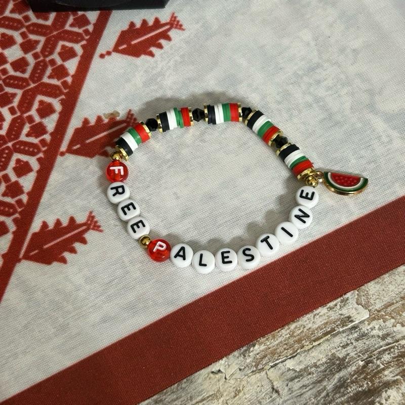 FREE PALESTINE Beaded Set Necklace & Bracelet with Flag Colors & Watermelon Charm