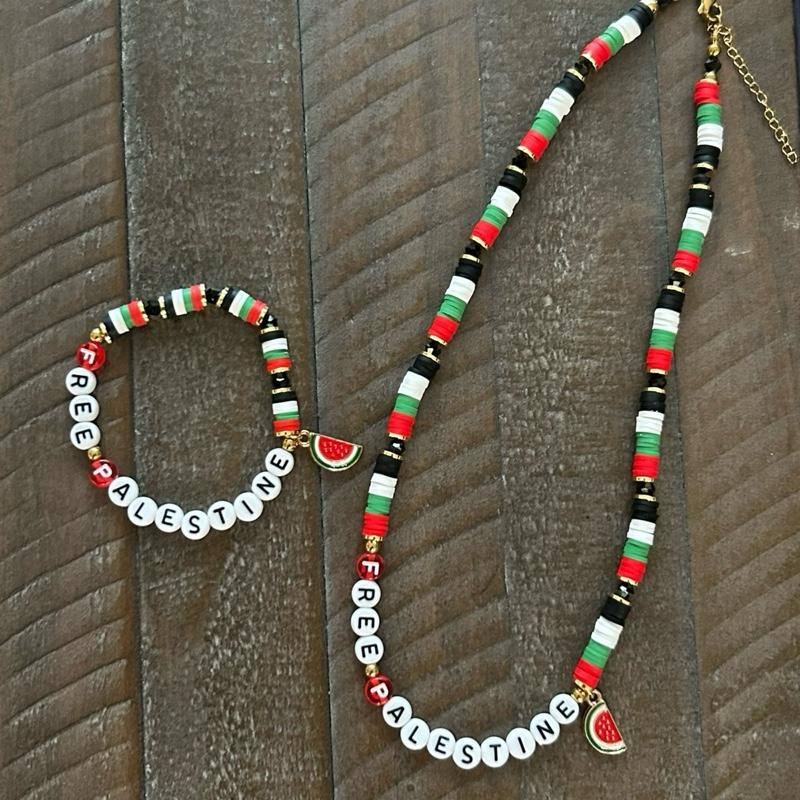 FREE PALESTINE Beaded Set Necklace & Bracelet with Flag Colors & Watermelon Charm
