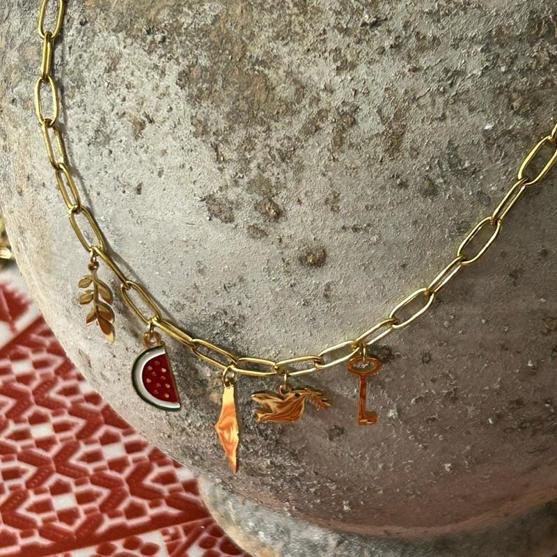 Palestine Paperclip Charm Chain Necklace with Olive Branch Watermelon Slice Map Dove & Key Charms