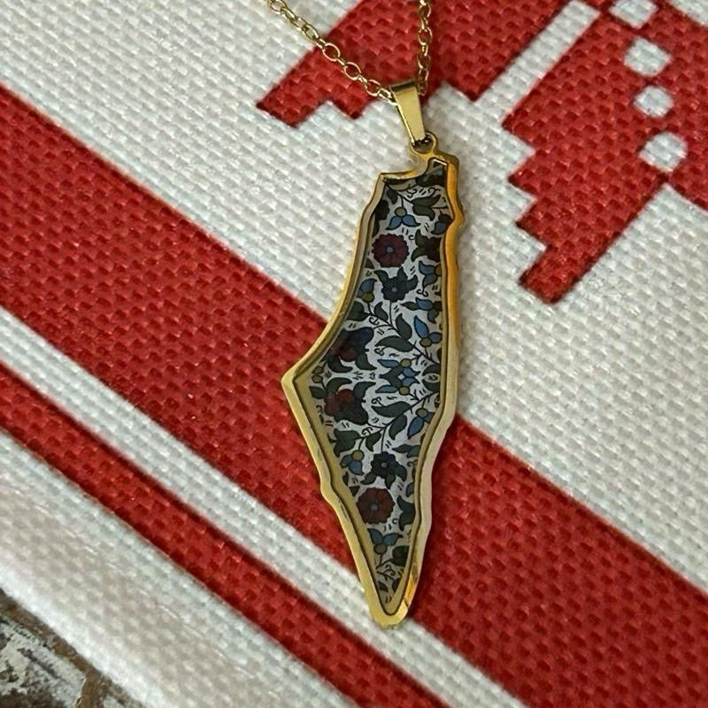 Palestine Map Necklace with Hebron Floral Pattern