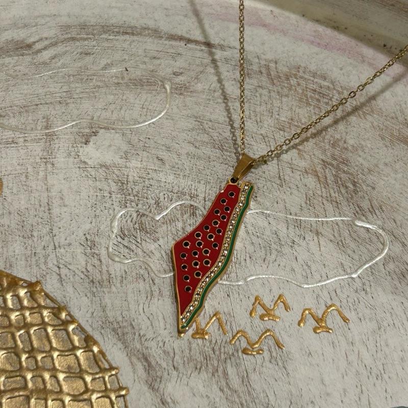 Gold Plated Palestine Map Necklace Watermelon Adjustable