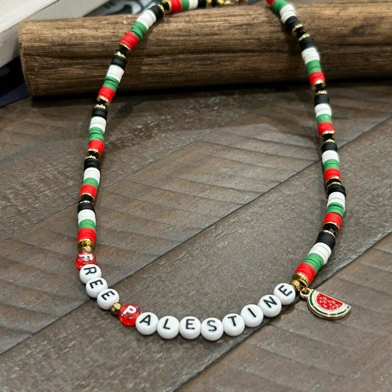FREE PALESTINE Necklace for Women, Men and Girls – Beaded Jewelry in Palestine Flag Colors with Watermelon Charm