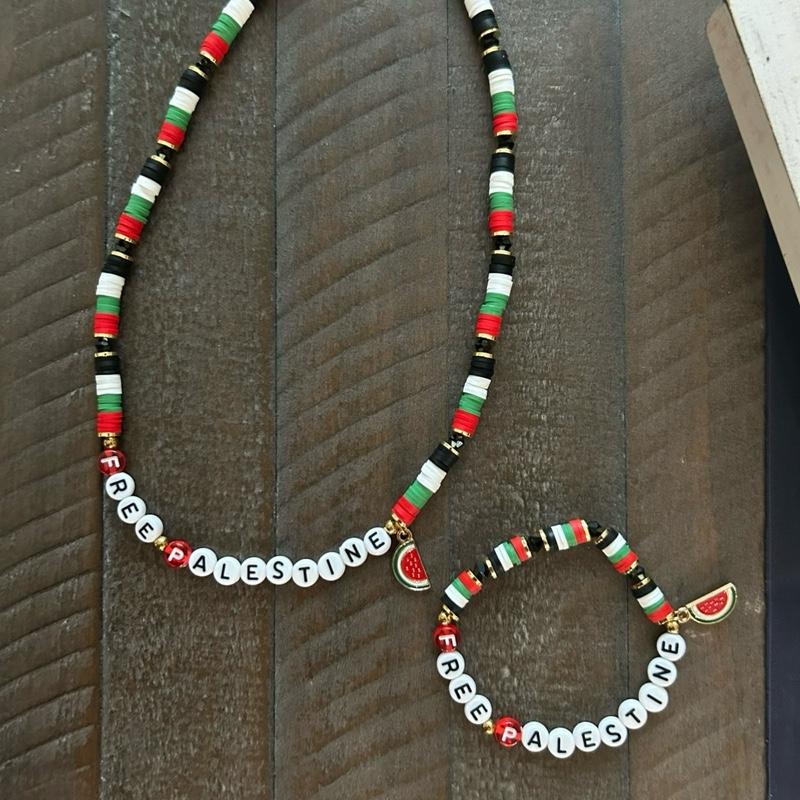 FREE PALESTINE Beaded Set Necklace & Bracelet with Flag Colors & Watermelon Charm