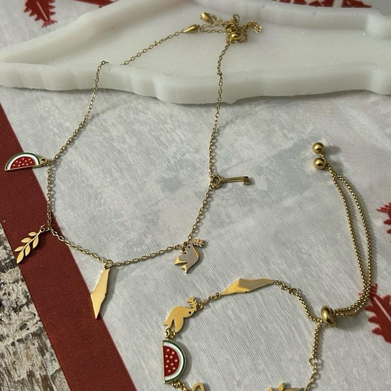 Palestine 5 Charms Necklace & Bracelet Map Watermelon Dove Olive Branch Key of Return Charms