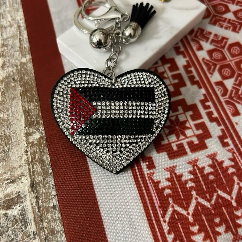 Heart Shaped Rhinestone Palestinian Flag Keychain