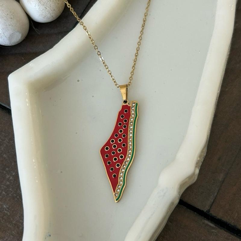 Gold Plated Palestine Map Necklace Watermelon Adjustable