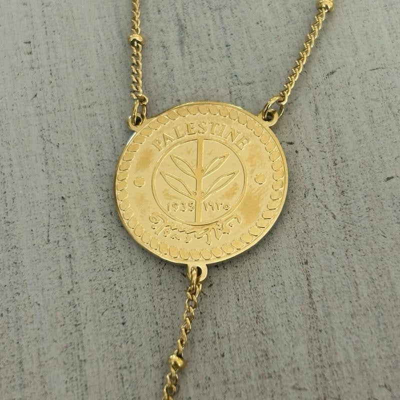 Gold Plated Palestine Coin Y Necklace with Map Charm – Palestinian Necklace, Heritage Jewelry, Cultural Gift