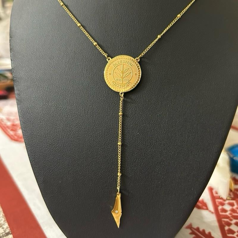 Gold Plated Palestine Coin Y Necklace with Map Charm – Palestinian Necklace, Heritage Jewelry, Cultural Gift