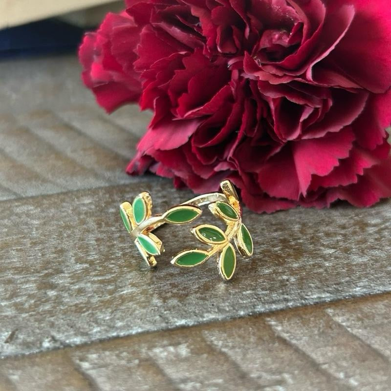 Olive Branch Adjustable Ring with Green Leaves Design