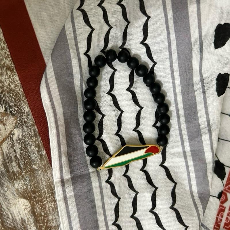 Palestine Map Beaded Bracelet Black Onyx Stretch Bracelet