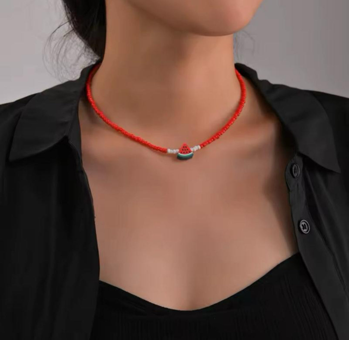 Beaded Watermelon Necklace – Palestinian Inspired Red & White Bead Choker