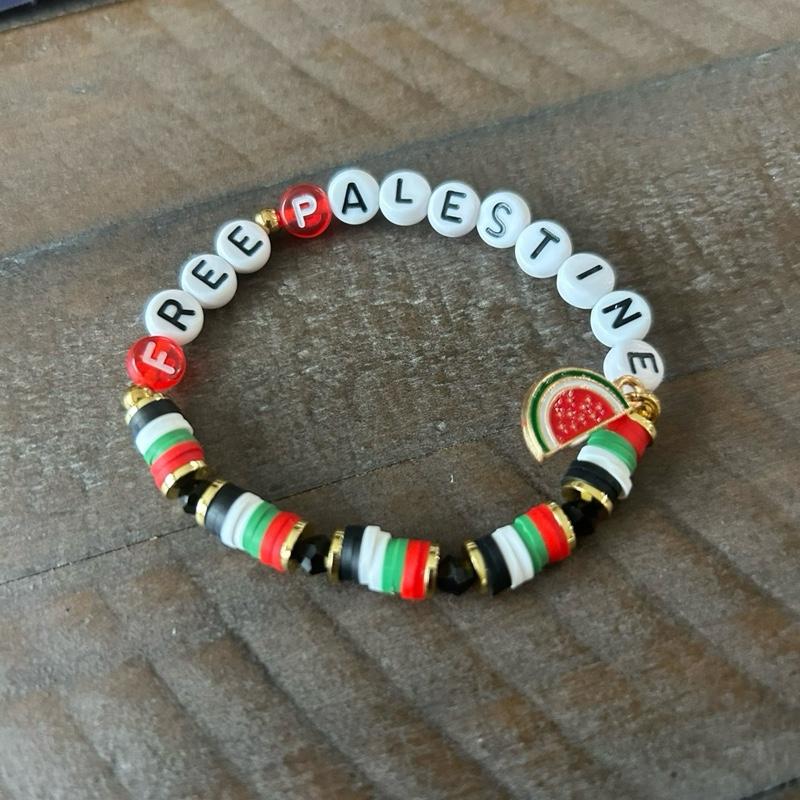 Free Palestine Beaded Bracelet with Palestinian Flag Colors & Watermelon Charm