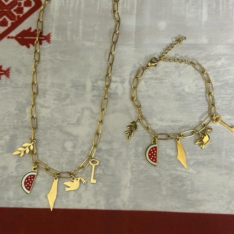 Palestinian Jewelry Set - Necklace & Bracelet with Map, Watermelon, Dove, Olive Branch & Key Charms