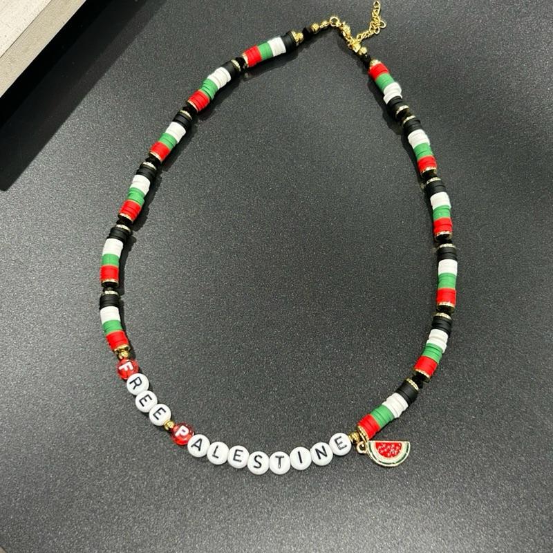 FREE PALESTINE Necklace for Women, Men and Girls – Beaded Jewelry in Palestine Flag Colors with Watermelon Charm