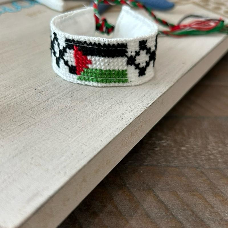 Authentic Handmade Palestinian Embroidery Handwoven Tatreez Bracelets Keffiyeh Flag Watermelon Design with Colorful Tassels Adjustable Lightweight