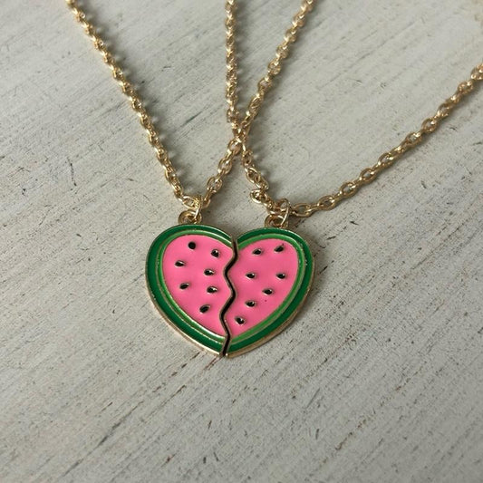 Matching Watermelon Heart Friendship Necklace Set. Split BFF Heart Jewelry