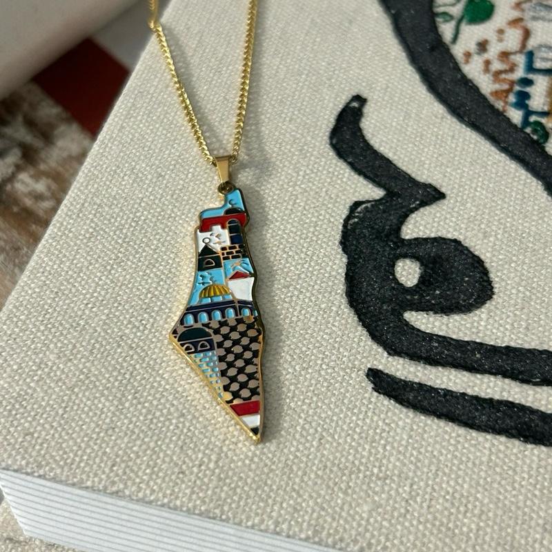 Colorful Palestine Map Necklace with Landmarks & Culture