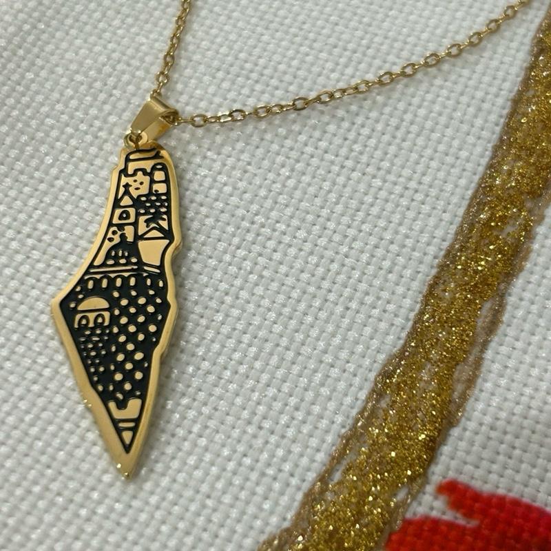 Palestine Map Necklace Gold Plated Outline with Historic Architecture Unique Design