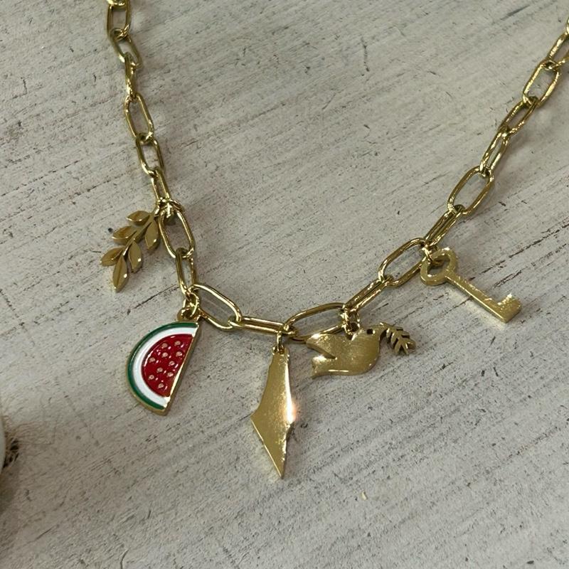 Palestine Paperclip Charm Chain Necklace with Olive Branch Watermelon Slice Map Dove & Key Charms