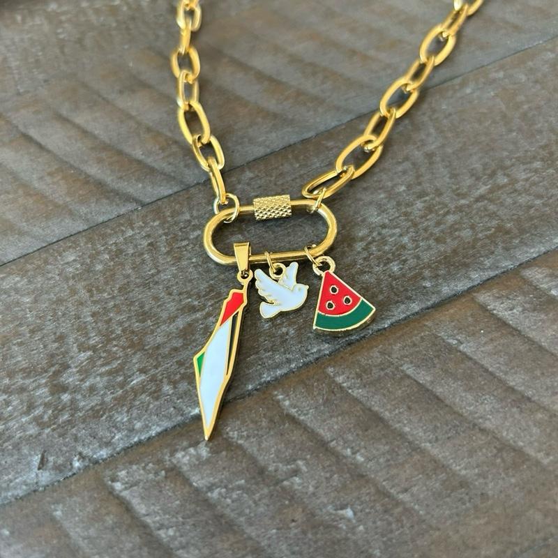 Lock Chain Necklace 5 Choices 5 Stories Palestine Map Dove Watermelon Hamsa Eye Olive Branch Handala Chunky Chain Clasp